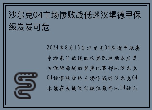沙尔克04主场惨败战低迷汉堡德甲保级岌岌可危